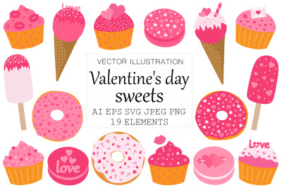 Valentine&#039;s day cupcakes. Valentine&#039;s day donuts. Ice cream