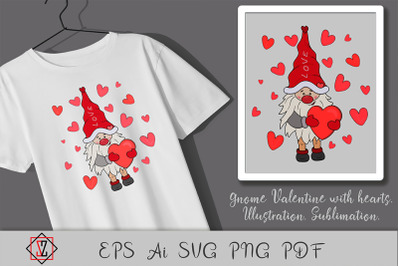 Gnome Valentine with hearts. Love. Sublimation.