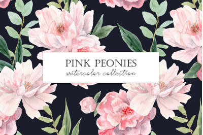 Watercolor Peony. Pink peonies. Patterns and Cliparts