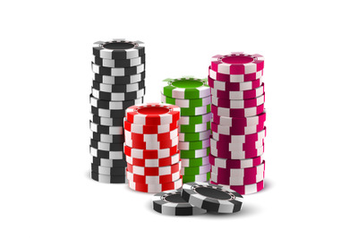 Realistic casino poker coins, gambling game chips stack. Roulette plas