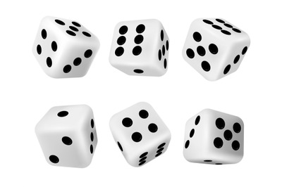 Realistic 3d rolling dice for casino gambling games. White cubes with