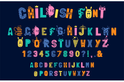 Funny childish alphabet, doodle creative font for kids. Playful englis