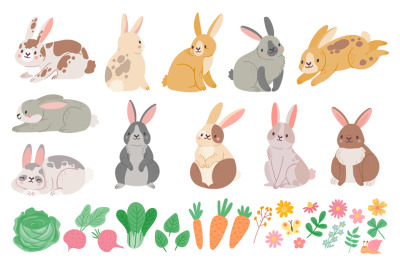 Cartoon cute spring rabbits&2C; hares&2C; flowers and vegetables. Bunny char