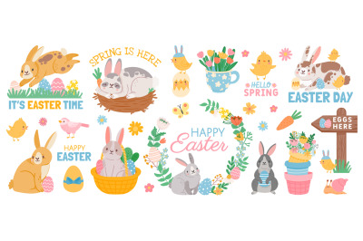 Spring easter cute animal characters and garden elements. Cartoon east