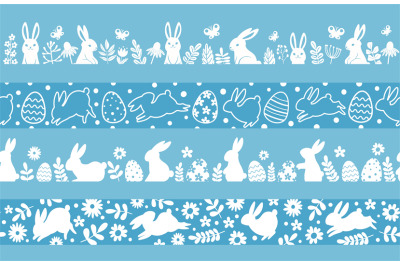 Easter silhouette borders with bunny&2C; eggs and flowers. Spring meadow