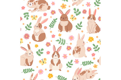 Cute cartoon seamless pattern with rabbit&2C; flower and butterfly. Sprin