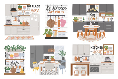 Posters with cozy kitchen room interiors and cook quotes. Kitchens fur