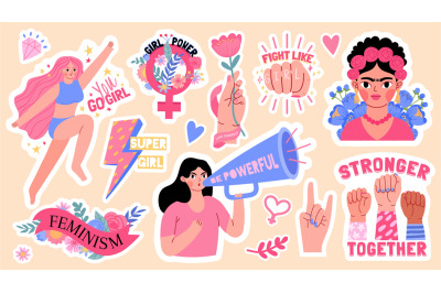 Cartoon stickers with feminism symbol and quote&2C; girl power. Women rig