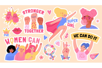 Flat girls power stickers with fists up and feminism slogans. Strong b