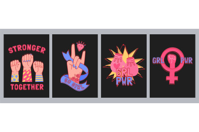 Girl power t-shirt prints with fists and feminist slogans. Fashion app