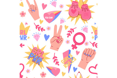 Feminist seamless pattern with female hands, fists and grl pwr slogans