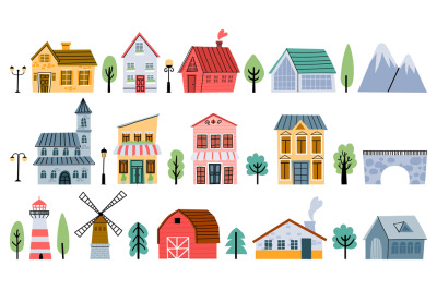 Cute childish town and village buildings, houses and cottages. Cartoon