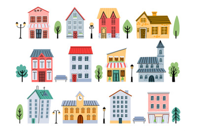 Cartoon town street buildings, houses, shops, trees and flashlight for