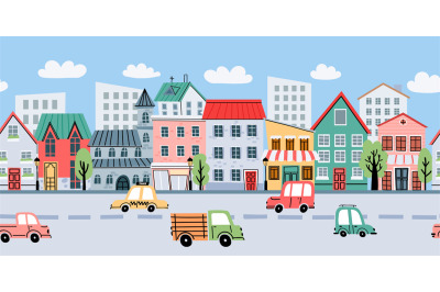 Cartoon city landscape with buildings and cars seamless background. St