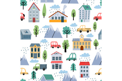 Childish seamless pattern with scandinavian houses&2C; trees and cars. Cu