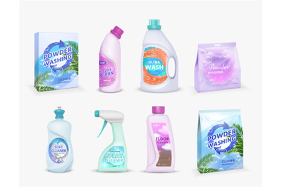 Realistic household cleaning product package with label design templat