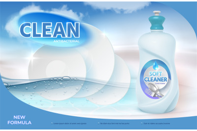 Poster with realistic dish washing product and clean plate. Liquid soa