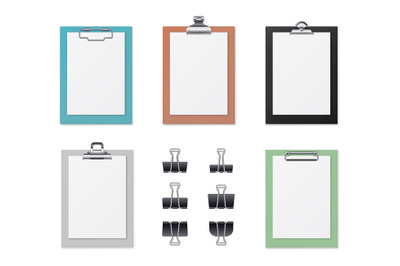 Realistic board tablets with blank white papers and clips. Clipboards