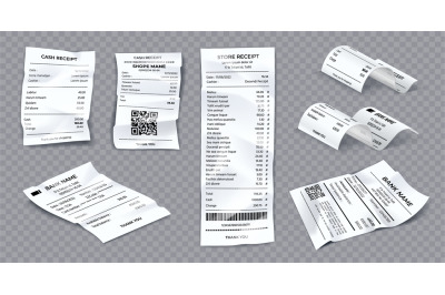 Realistic rolled&2C; curved and crumpled bank and shop receipts. White pa