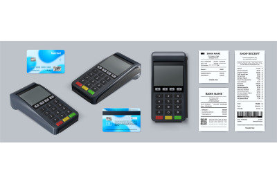 Realistic 3d pos machine top view, credit cards and receipt. Cashless