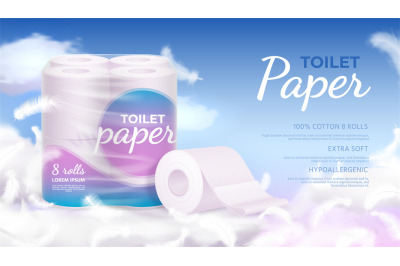 Advertising banner with realistic soft toilet paper&2C; clouds and feathe