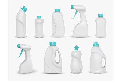 Realistic cleaning chemical products, detergent package mockups. Home