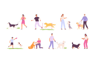 Flat happy people walking, training and playing with dogs. Blind perso