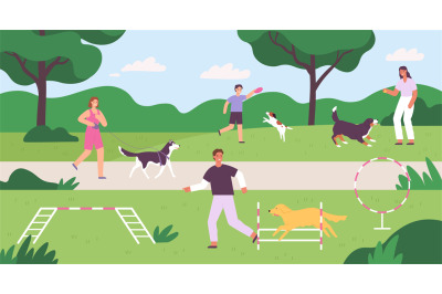 Dog park with people playing, training and walking pets. Flat owners a