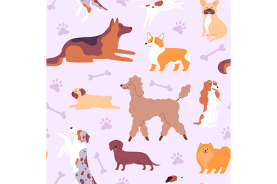 Seamless pattern with cute dogs and puppies in scandinavian style. Pri