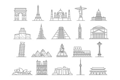 World landmarks line icons, big ben, eiffel tower and pyramids. Europe