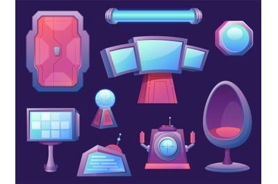 Cartoon futuristic alien space ship room interior elements. Spaceship