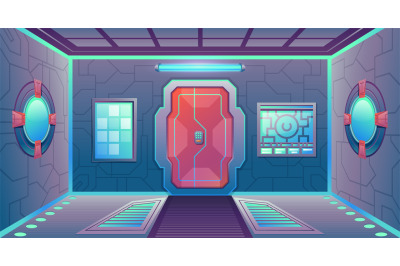 Cartoon futuristic spaceship corridor with door, panels and portholes.