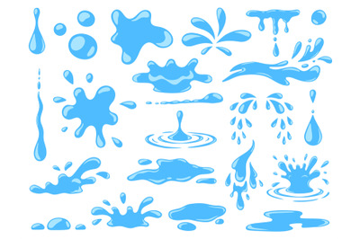 Cartoon blue dripping water drops, splashes, sprays and tears. Liquid