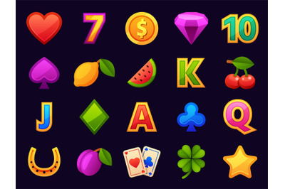 Cartoon casino game and gambling slot machine icons. Jackpot interface