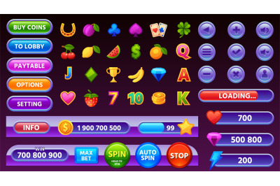 Casino game user interface menu, icons and buttons. Cartoon mobile gam