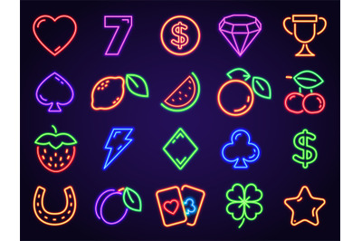 Vegas casino neon slot icons for signs and decor. Glowing gambling gam