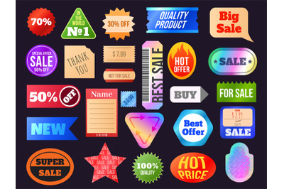 Retro price hologram sticker and sale labels in 90s style. Vintage dis