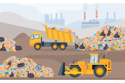 Landfill landscape with trash piles, bulldozer and garbage truck. Plas