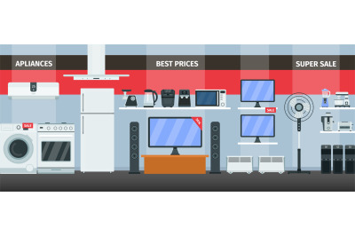 Home appliances and electronics product store interior with discount b