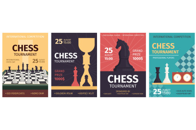 Chess tournament posters with game board and piece silhouettes. Strate