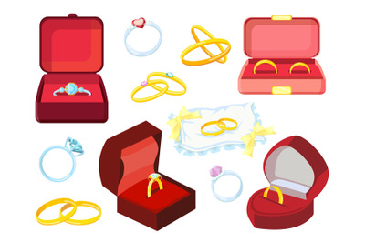 Cartoon wedding or engagement rings in gift boxes and on pillow. Propo