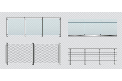 Realistic glass and metal balcony railings, wire fence. Transparent te