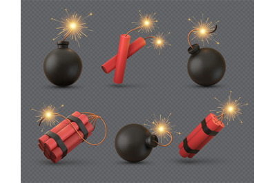 Realistic 3d bomb, tnt and dynamite sticks with burning fuse. Explosiv