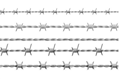 Realistic metal barbed wire, seamless borders with spikes. Jail or arm