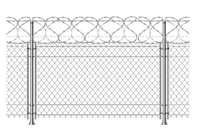 Realistic prison wall, chain fence with barb wire. 3d metal boundary s