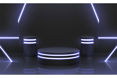 Futuristic cyber stage with 3d neon podiums for product display. Dark