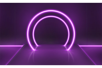 Purple neon futuristic digital stage with circle light arch. Showcase