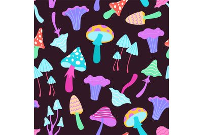 Abstract neon seamless pattern with psychedelic hallucination mushroom