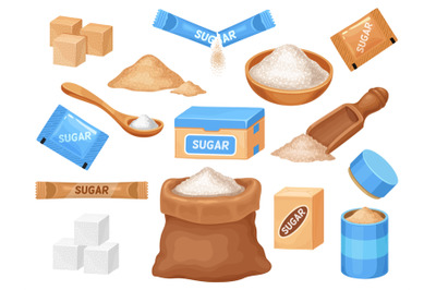 Cartoon white and brown sugar in cubes, bag, bowl and spoon. Salt and