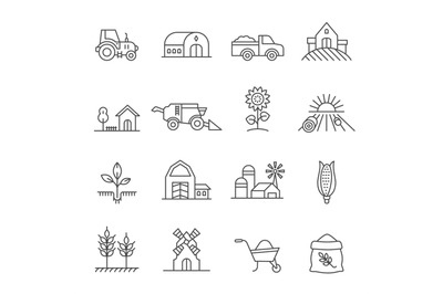 Agriculture line icons with tractor, farm house, car and field. Countr